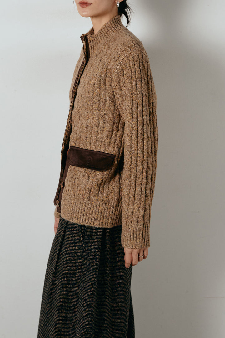 [SET]ボトルネックケーブルニットカーディガン+ベルトループコーデュロイワイドパンツ(2set)