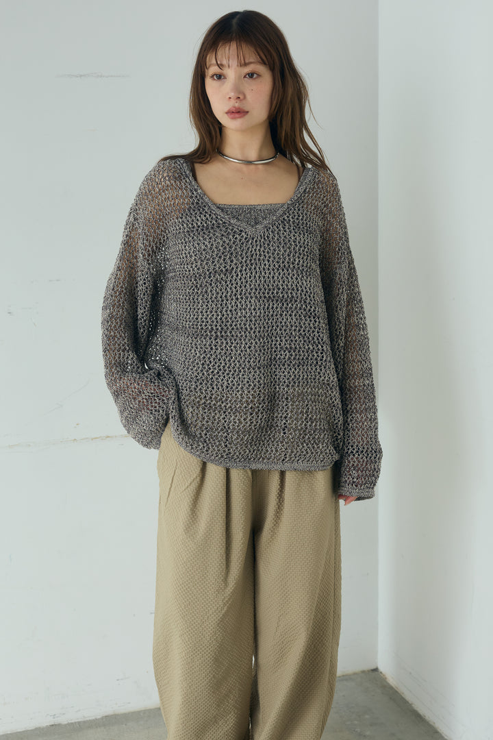 [SET]メッシュ編みビスチェセットVネックプルオーバー+シアサッカーイージーパンツ(2set)