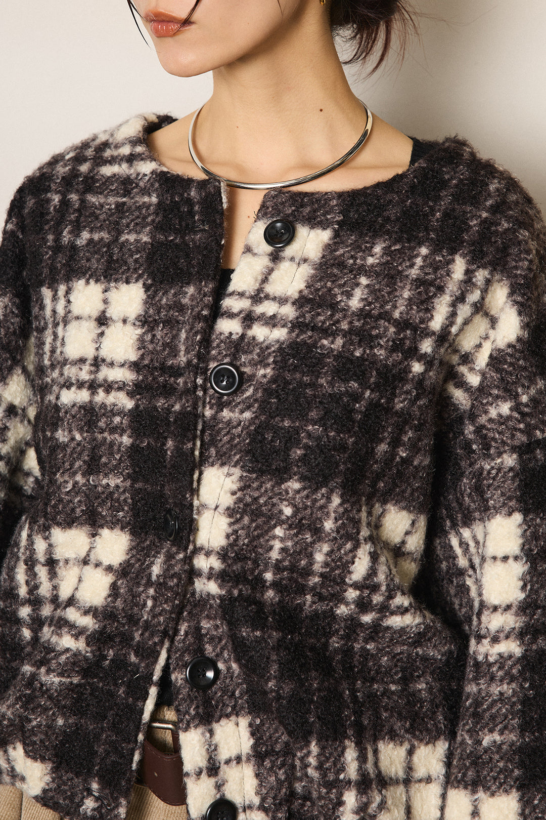 ノーカラーチェック柄ボアブルゾン