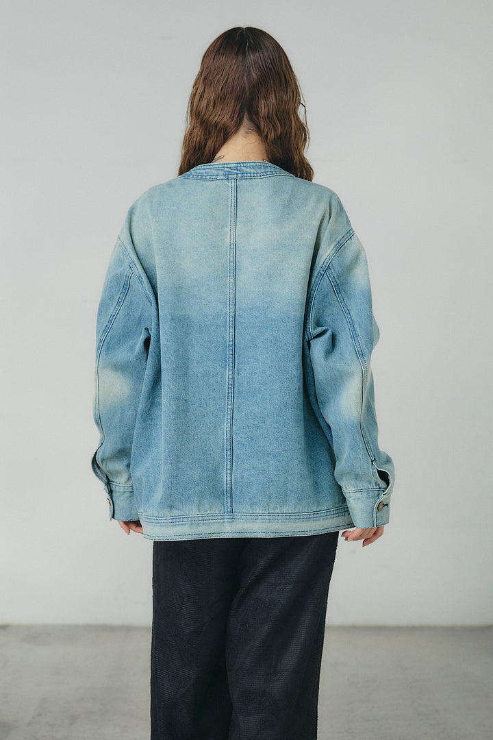 ノーカラーデニムポケットジャケット