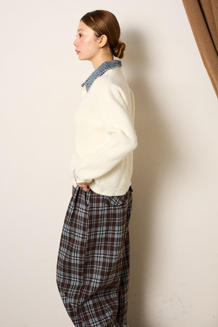 デニム襟ダブルジップニットトップス