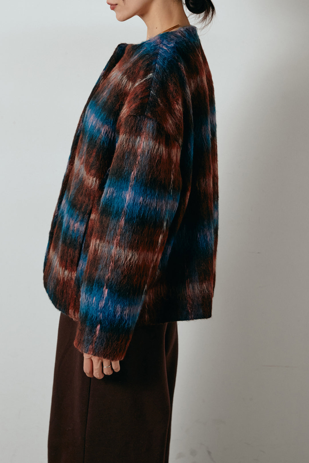 ノーカラーシャギーチェックアウター