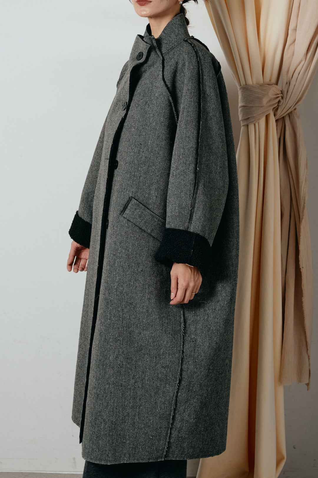 [SET]裏地ボアハイネックロングアウター+ウールライクチェックタックパンツ(2set)