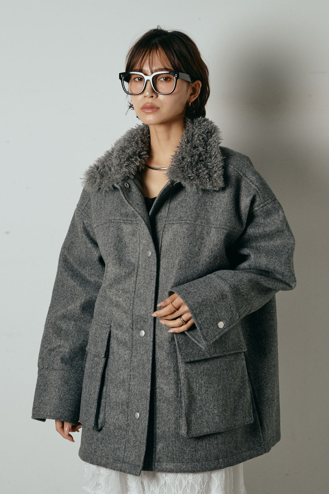 エコウール衿ファー薄中綿入りミドルカバーオール