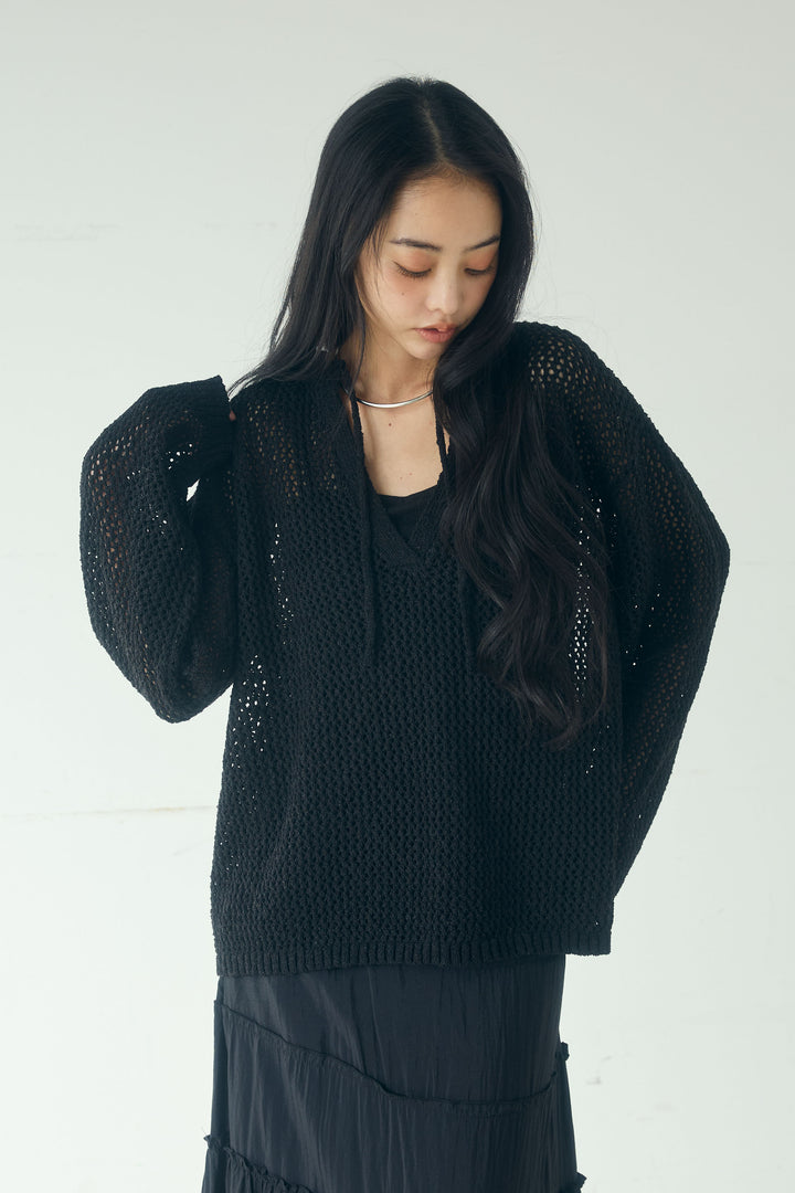 [SET]ミックスメッシュキーネックプルオーバー+シアーチュールレイヤードワイドパンツ(2set)