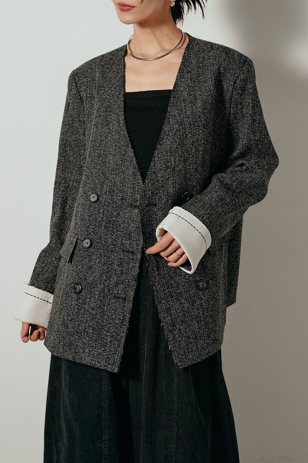 ノーカラーダブルボタンツイードジャケット