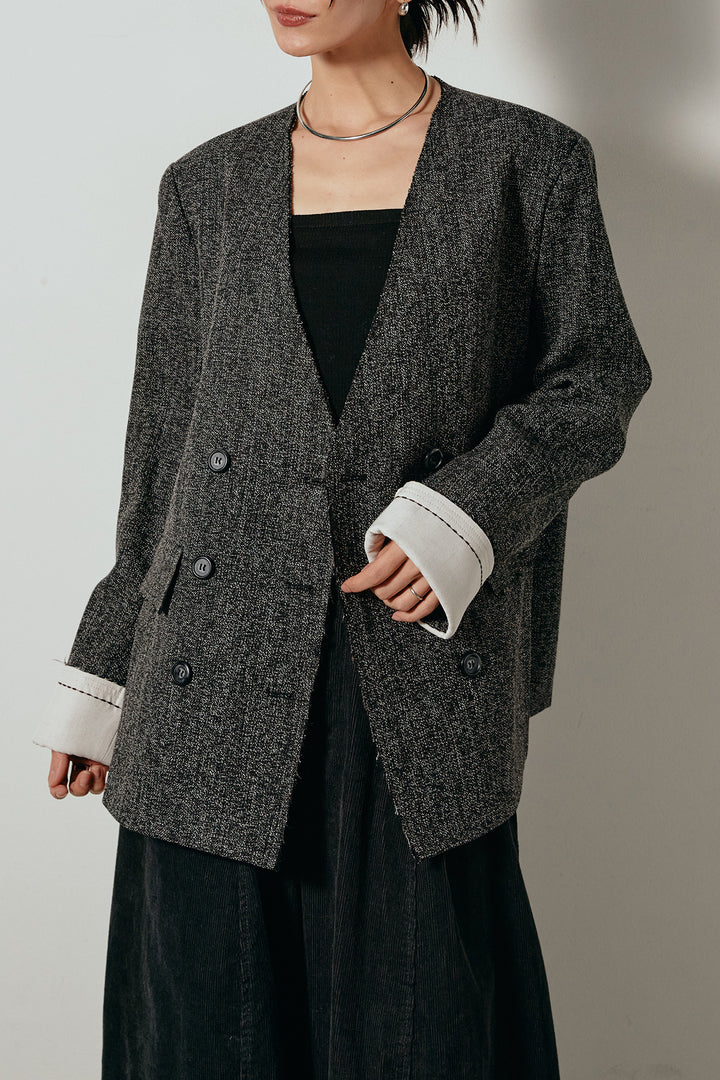 ノーカラーダブルボタンツイードジャケット