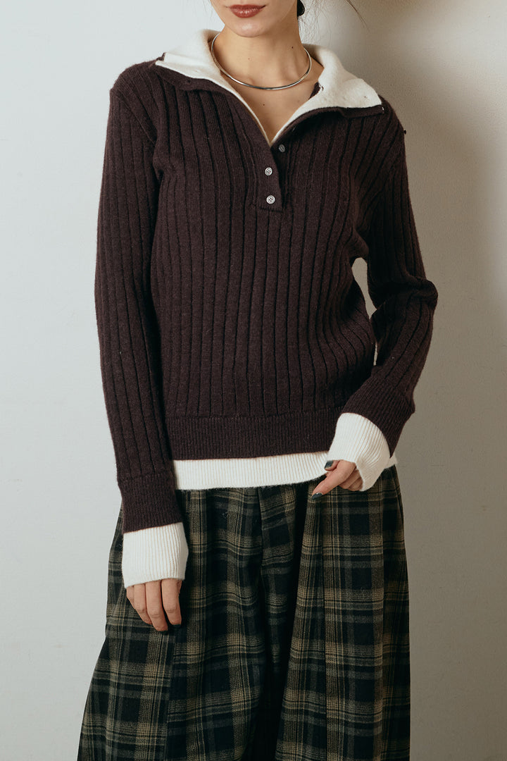 [SET]レイヤード風リブニットトップス+太ベルト付きヘリンボーンプリーツスカート(2set)