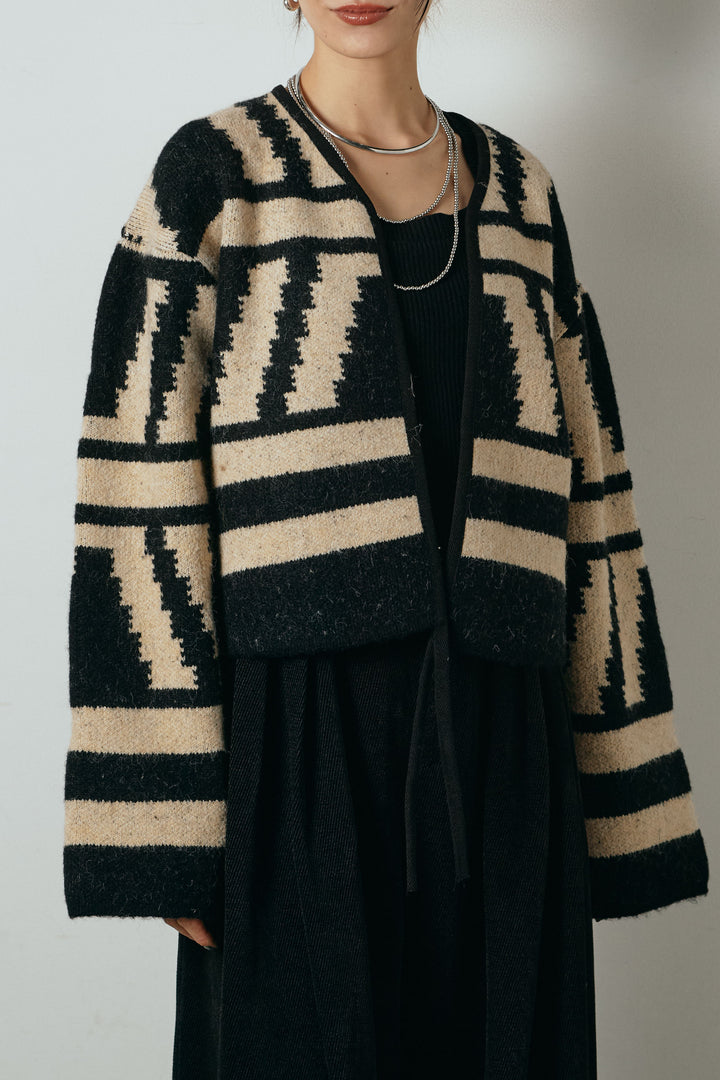 [SET]ノーカラー幾何学模様アウター+ベルトループコーデュロイワイドパンツ(2set)