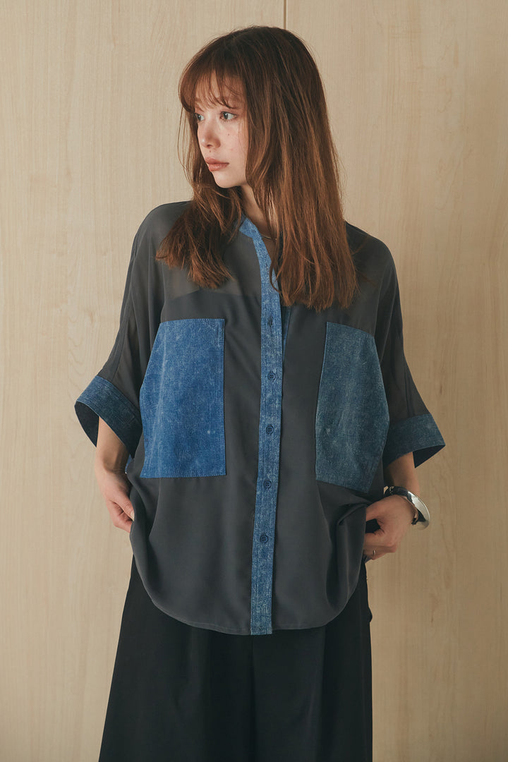[SET]デニムライクビッグツーポケシアーシャツ+フロントボタンデニムサロペット(2set)