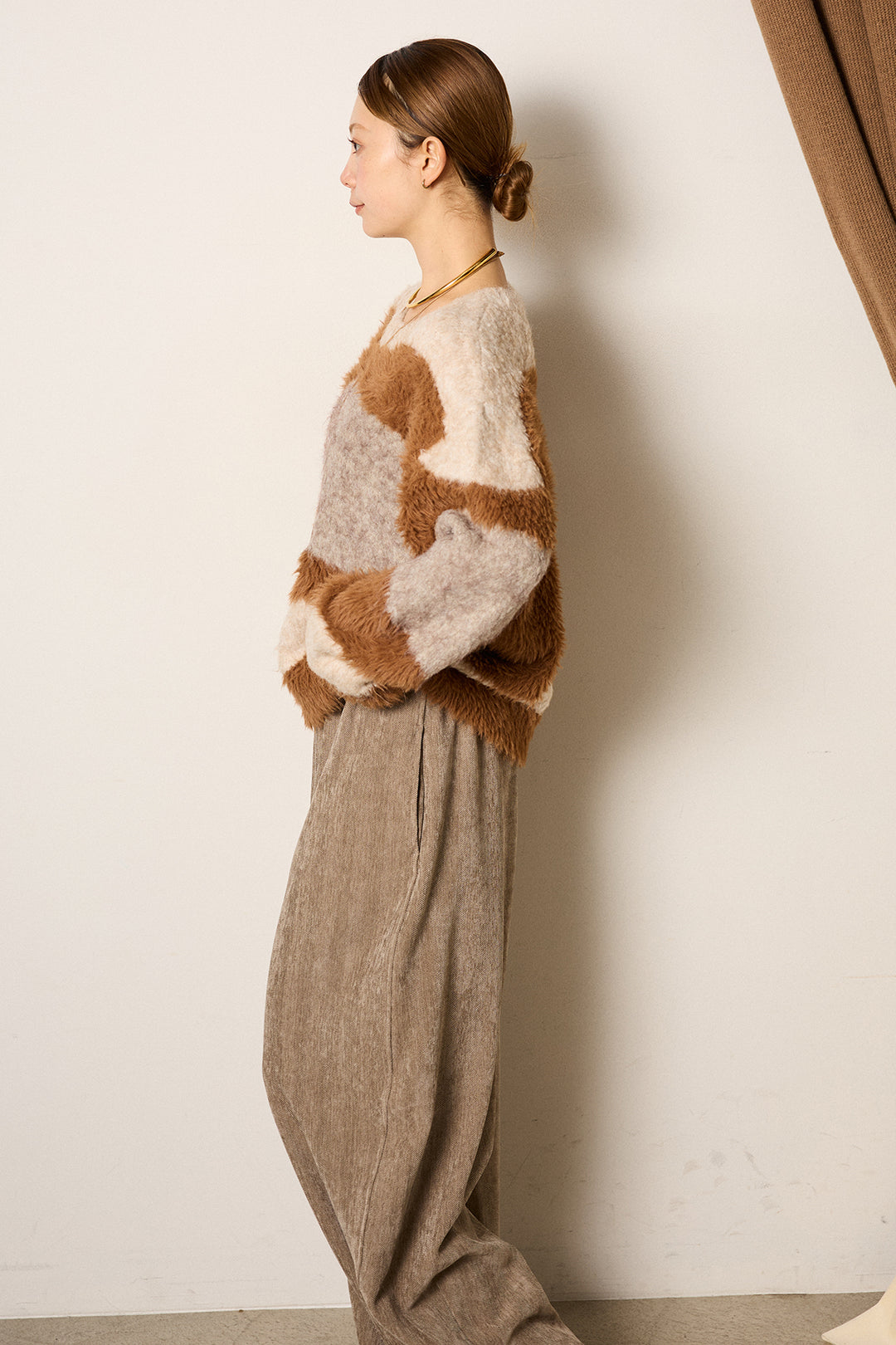 [SET]シャギーウェーブ柄クルーネックニットトップス+かすれデザインワイドパンツ(2set)