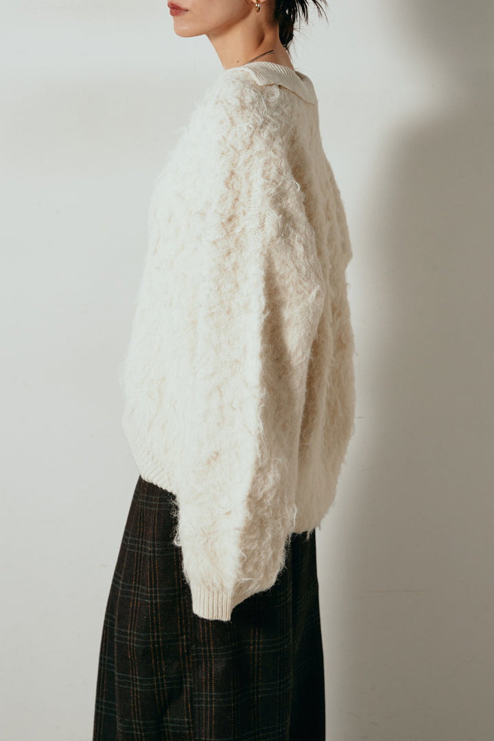 [SET]襟付きシャギーニットポロトップス+マルチライン柄リラックスニットパンツ(2set)