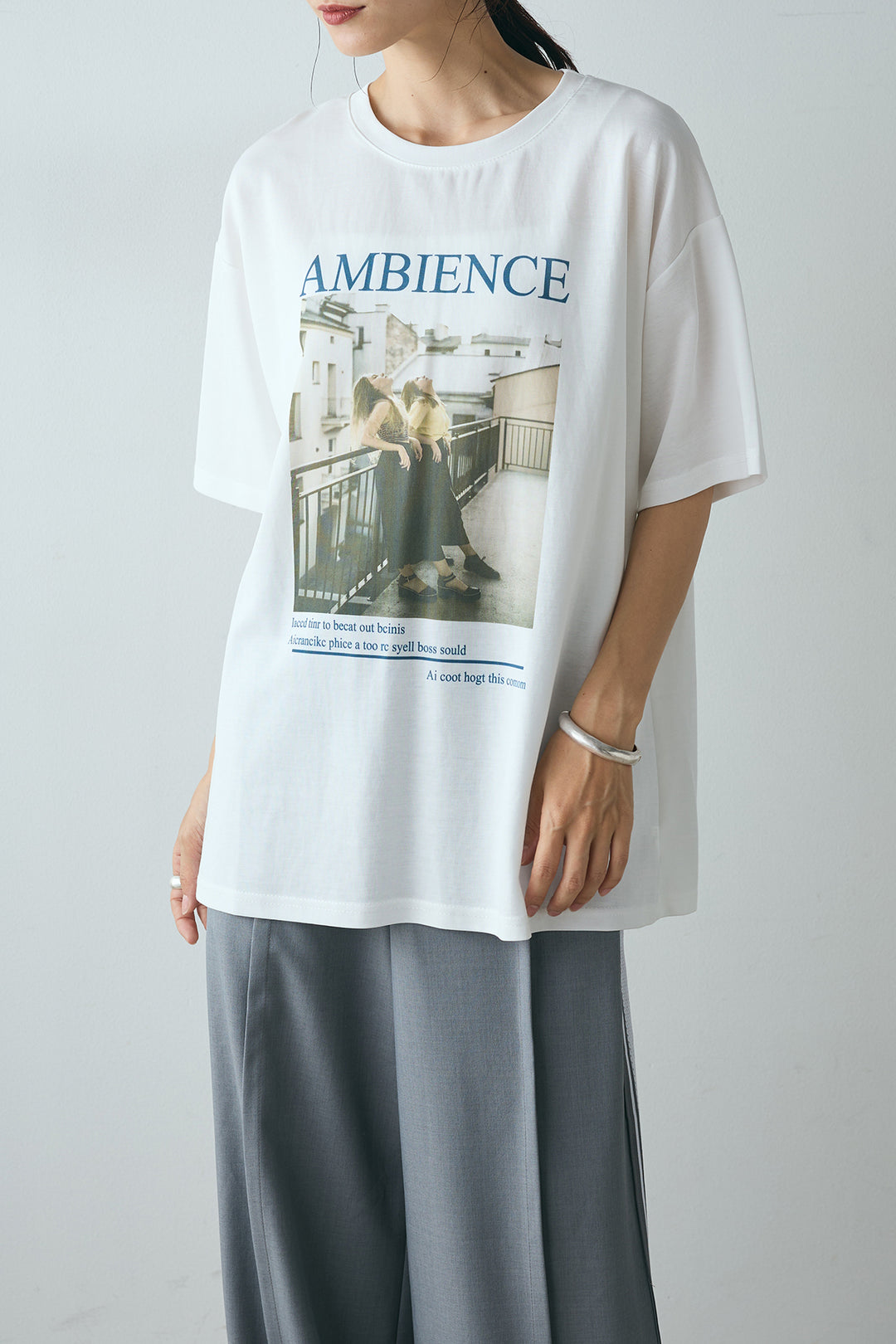 [SET]AMBIENCEフォトプリントTシャツ+サイドラインワイドスラックスパンツ(2set)
