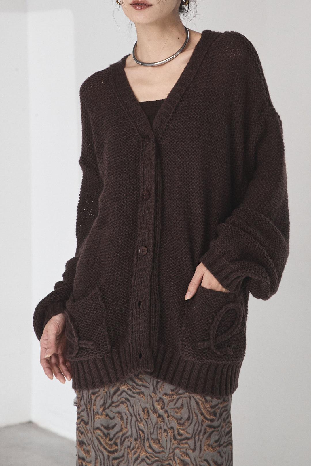 【即納】コード刺繍リラックスニットカーディガン