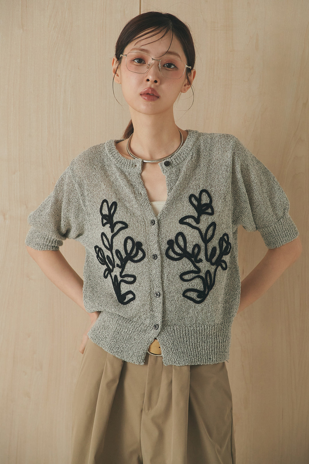 [SET]フロントテープデザイン半袖カーディガン+ミリタリーツイルタックフレアスカート(2set)