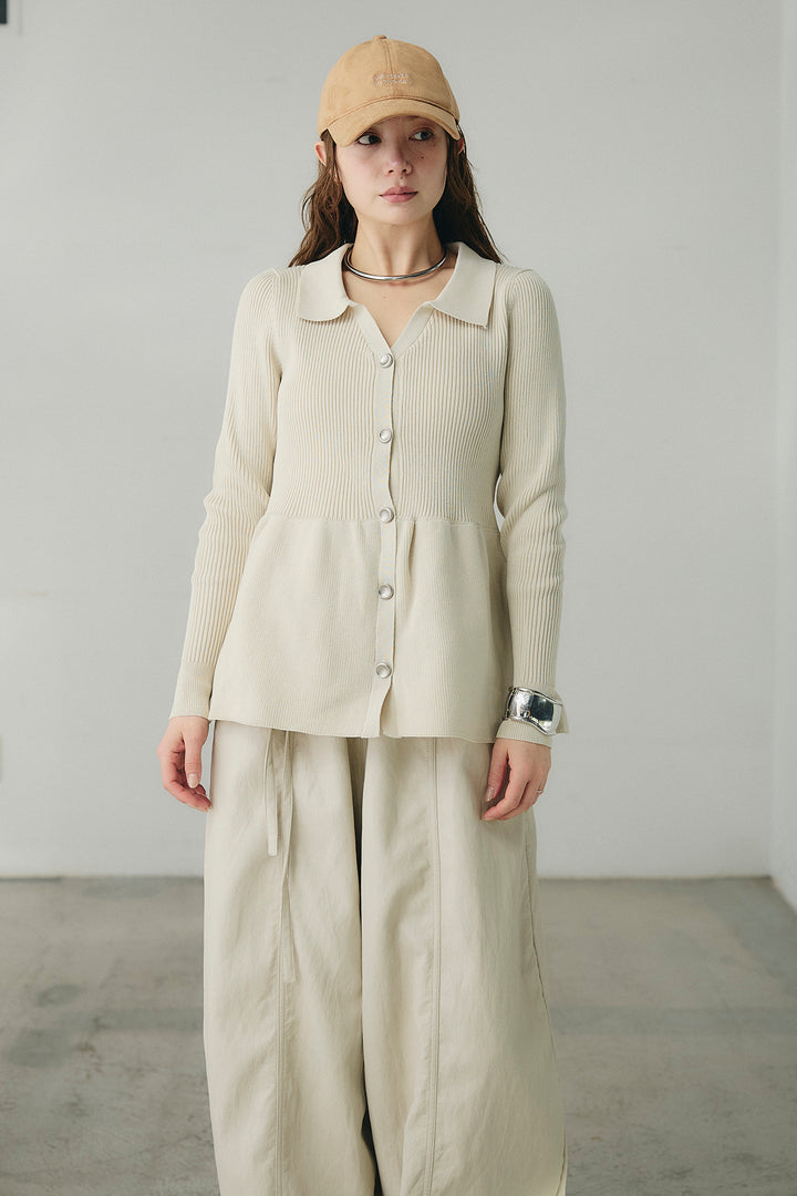 [SET]スキッパーペプラムニット+フェイクレザーカーブワイドパンツ(2set)