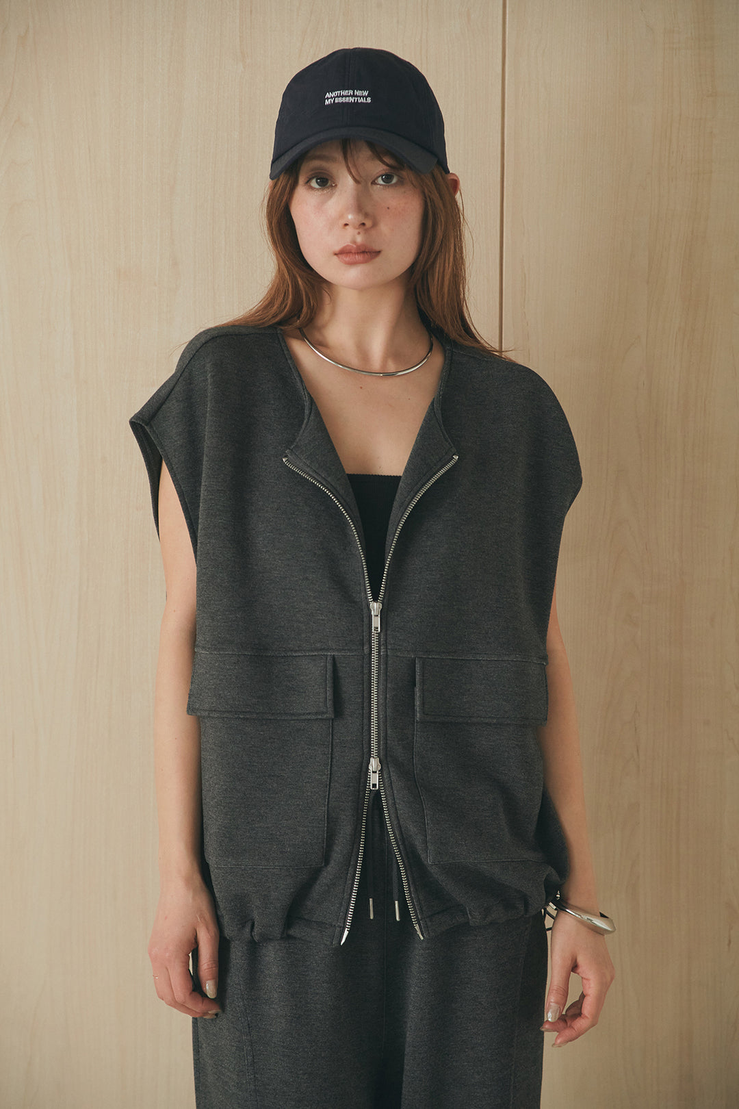 [SET]ボンディング生地ジップベスト+ボンディング生地コクーンパンツ(2set)