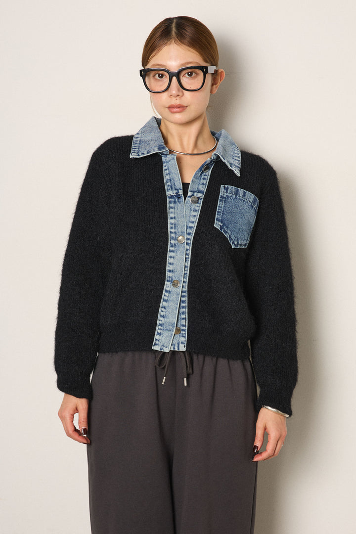 [SET]襟付きデニム切替ニットカーディガン+ベルトループコーデュロイワイドパンツ(2set)