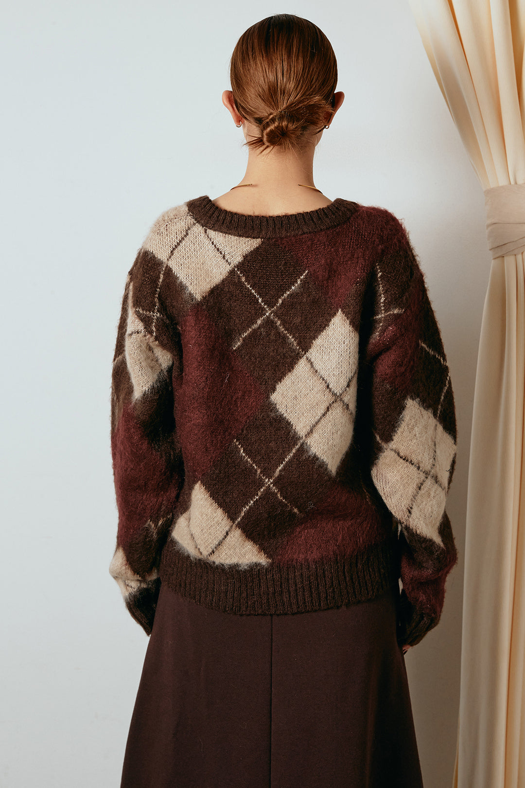 [SET]アクリルモヘアアーガイルVネックプルオーバー+太ベルト付きタックデザインワイドパンツ(2set)