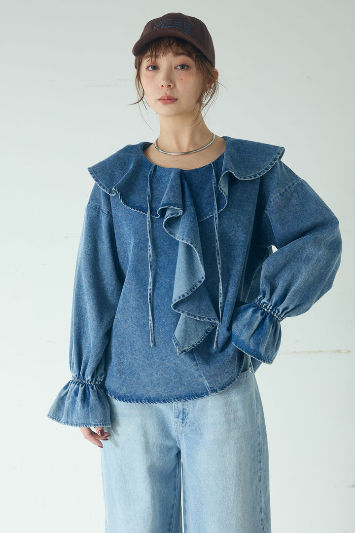 [SET]デニムフリルブラウス+デニムサロペットワイドパンツ(2set)