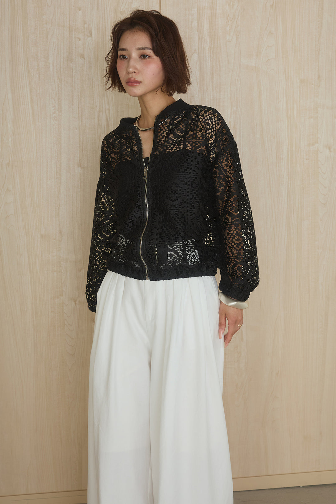 [SET]幾何レースブルゾン+ベルト付きビックループワイドパンツ(2set)