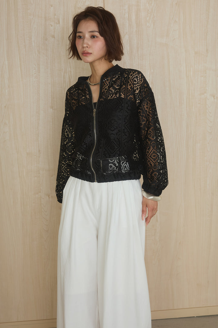 [SET]幾何レースブルゾン+ベルト付きビックループワイドパンツ(2set)