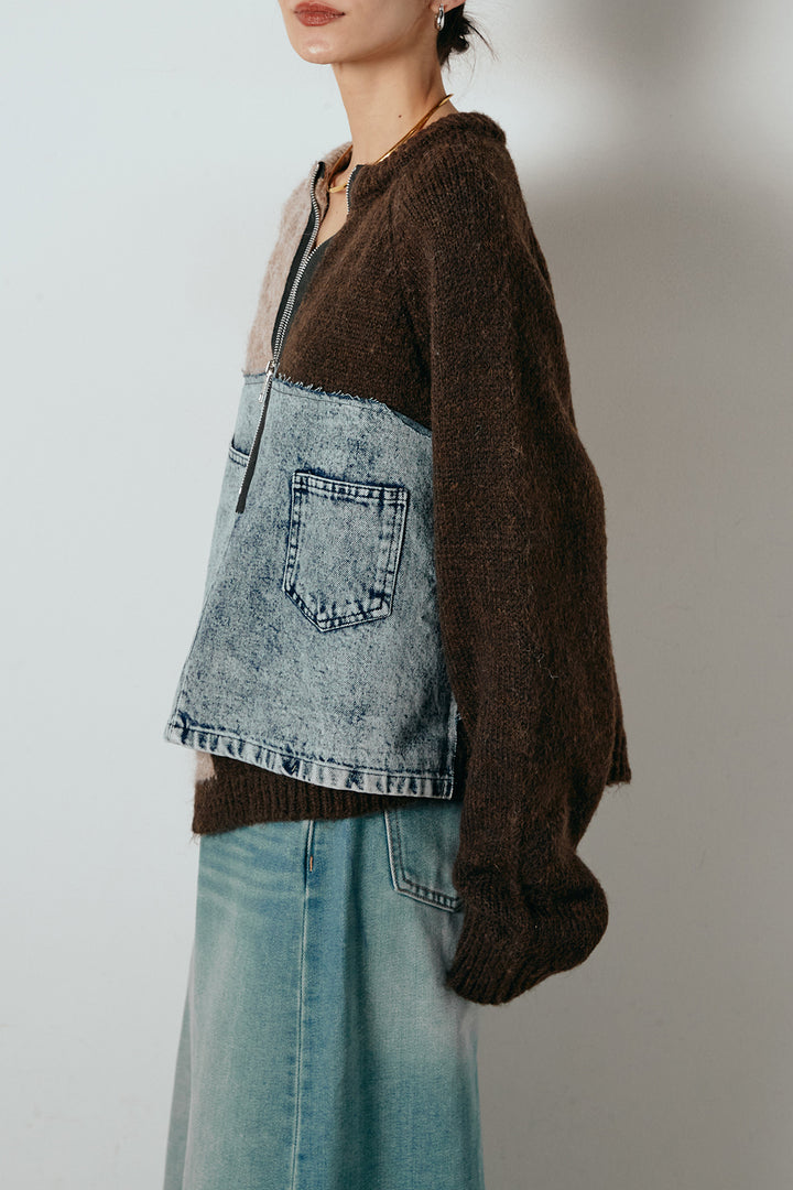 ハーフジップニットデニムドッキングトップス