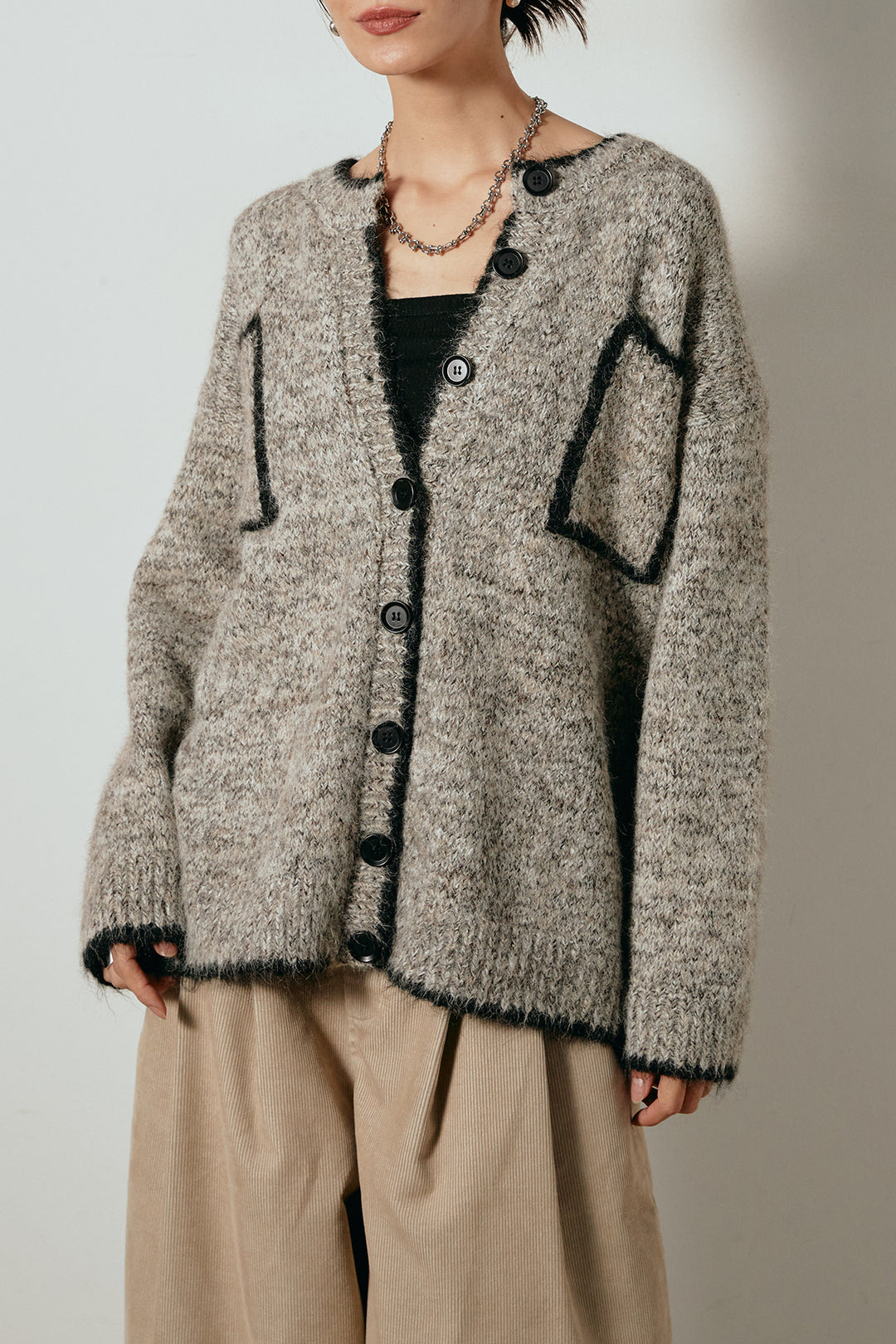 [SET]ミックスニットポケットカーディガン+紐付きフェイクレザーワイドスカート(2set)