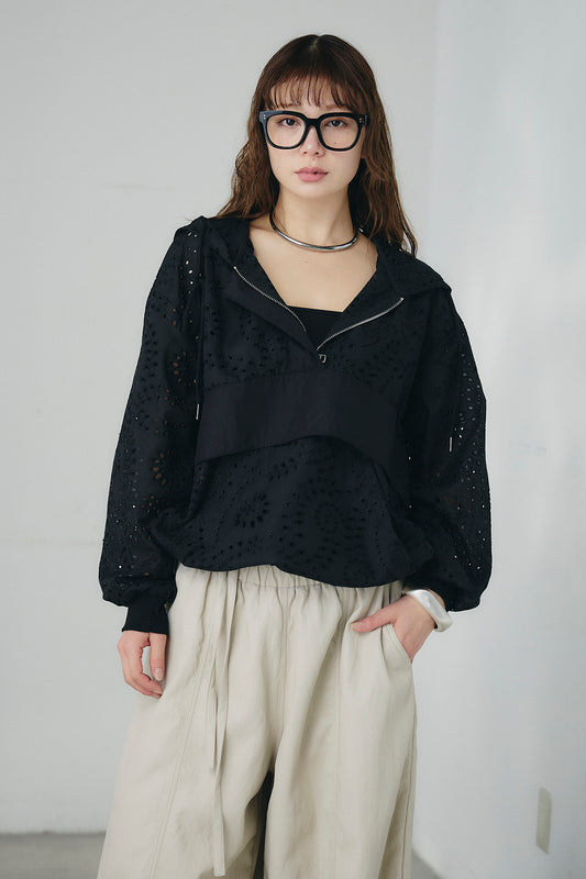 【着回しセット】[SET]ミックスメッシュキーネックプルオーバー+レースハーフジップアップフーディー +ベルト付きツータックワイドパンツ(3set)