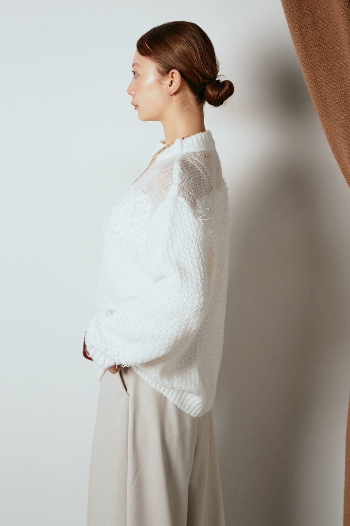 [SET]パターンランダム編みニットトップス+スウェードライク裾フリンジスカート(2set)