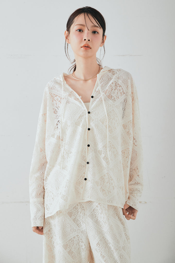 ブロックレースフード付きブラウス