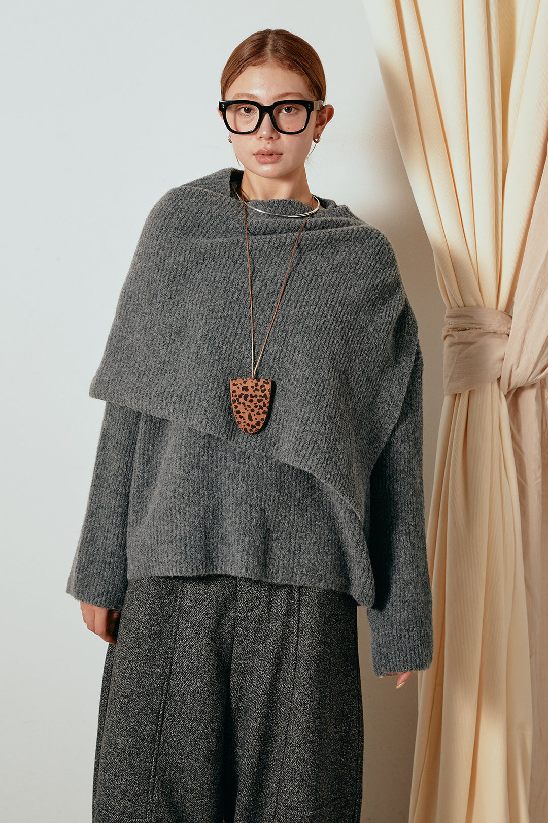 [SET]ケープデザインリブニットトップス+レオパードロングスカート(2set)