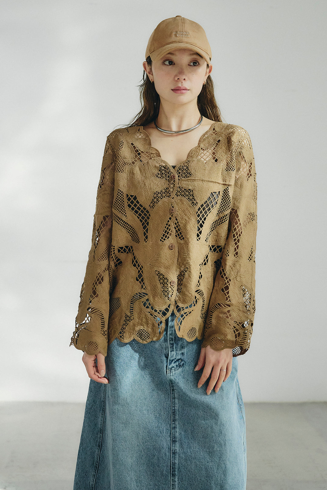 [SET]フラワー刺繍レースブラウス+サイドボタンツイードタックパンツ(2set)