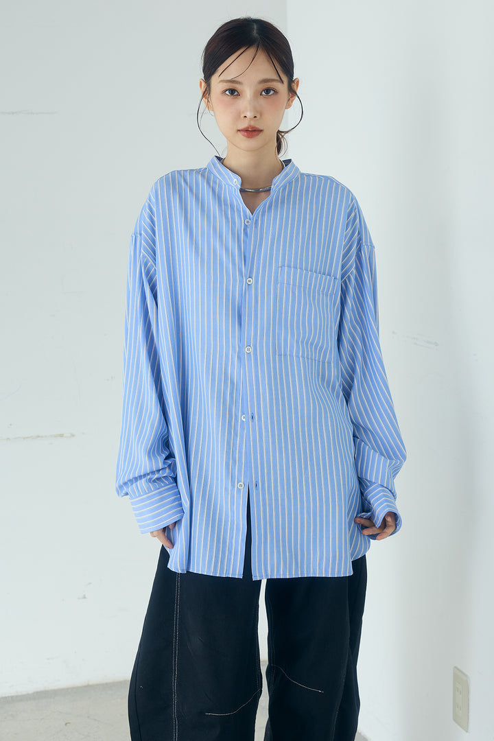 [SET]レーヨンストライプスカーフ+麻混タックワイドパンツ+レーヨンストライプバンドカラー長袖シャツ(3set)