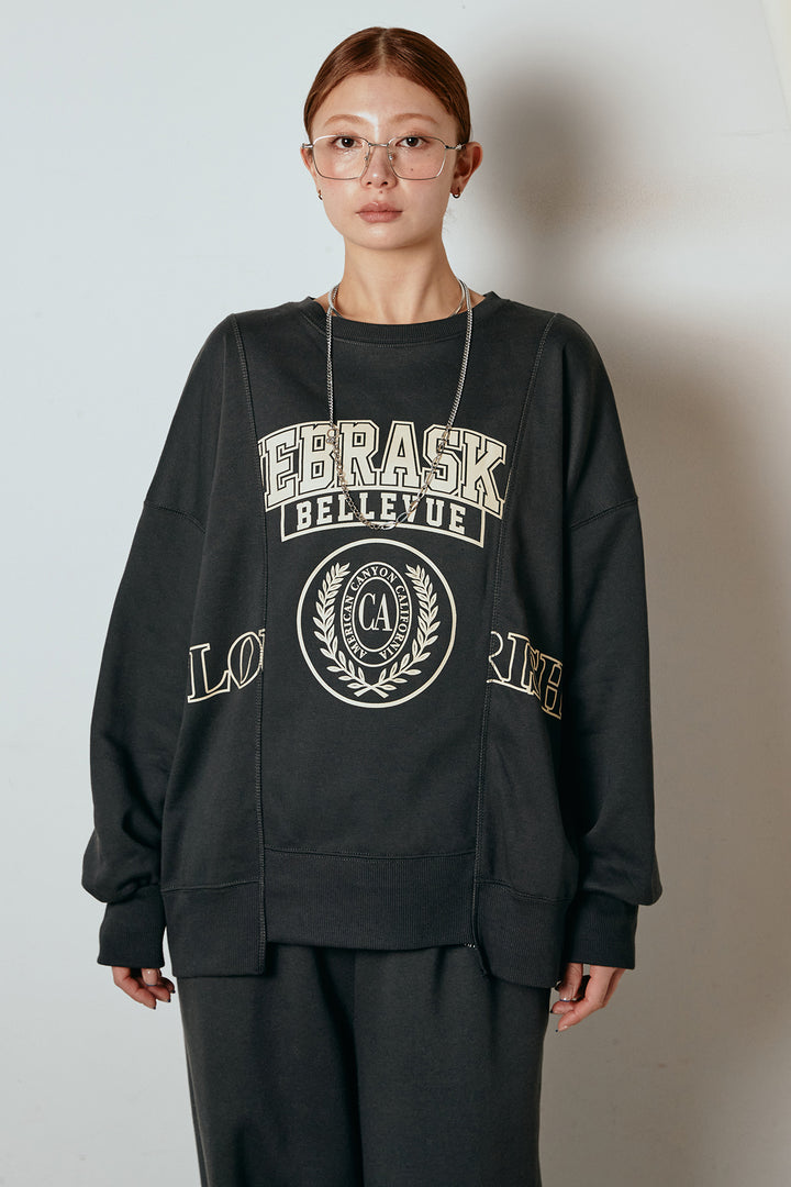 [SET]裏毛カレッジプリントプルオーバー+スウェードライク裾フリンジスカート(2set)