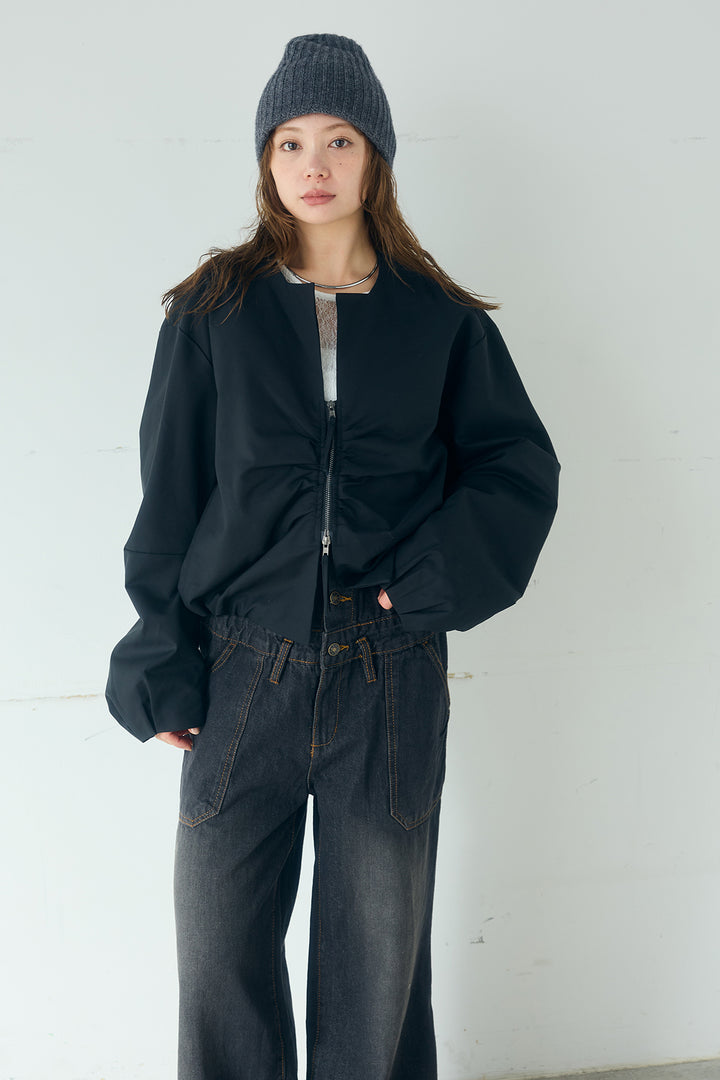 [SET]ノーカラーフロントギャザージップアウター+デニムサロペットワイドパンツ(2set)