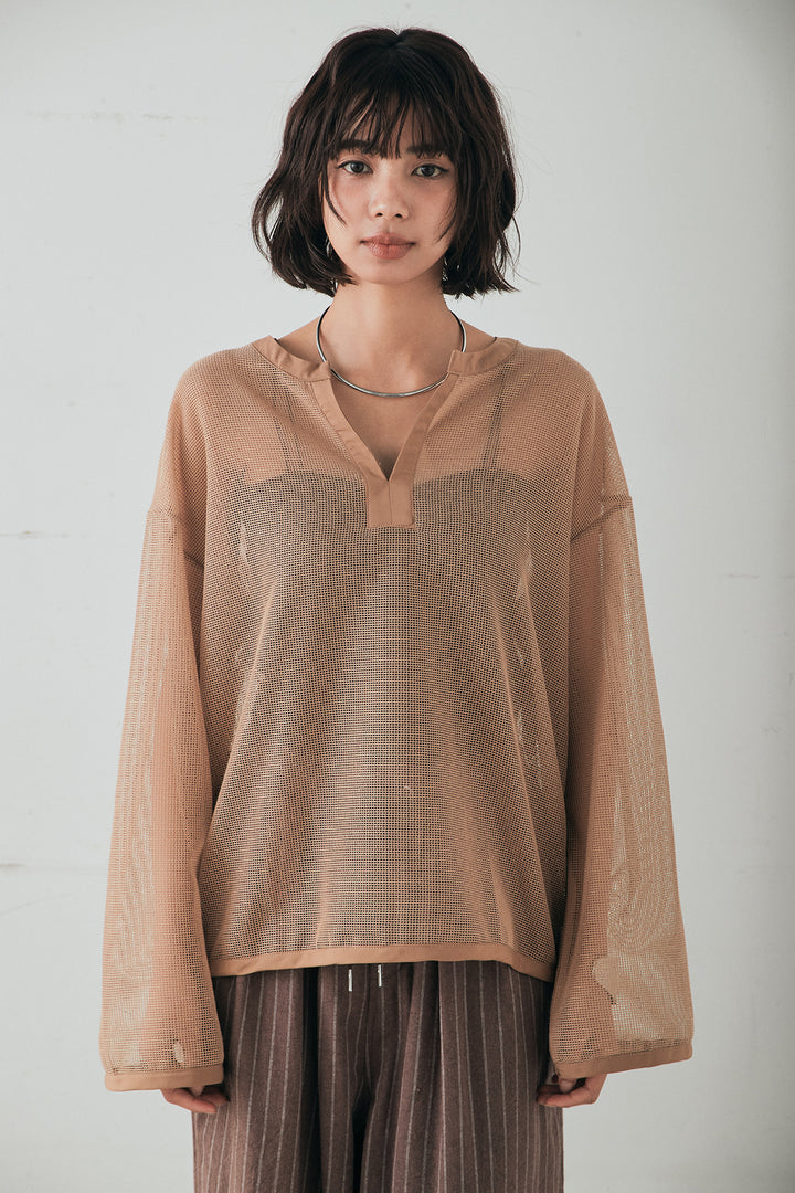 [SET]メッシュカットソースキッパープルオーバー+リネンライクストライプタックイージーパンツ(2set)