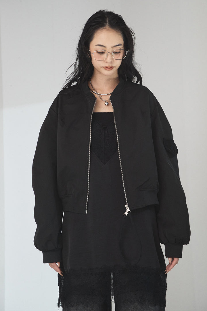 [SET]袖ギャザーデザインブルゾン+レース切り替えキャミソール+デニムアシメカーブパンツ(3set)