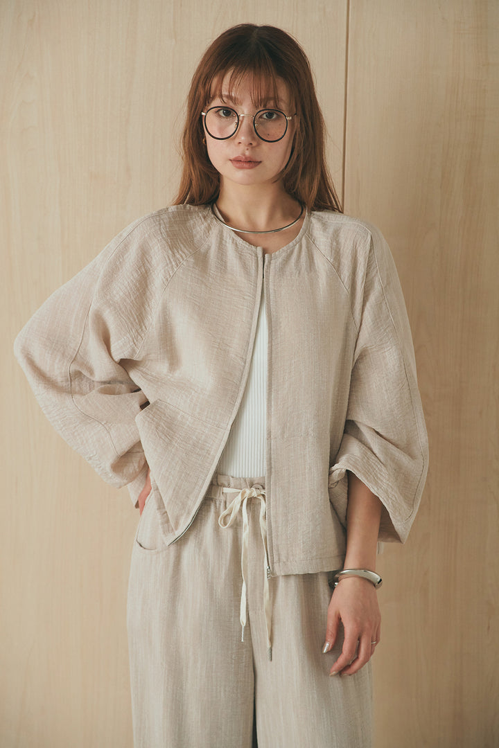 [SET]麻混ノーカラーブルゾン+麻混ウエストドロストパンツ(2set)