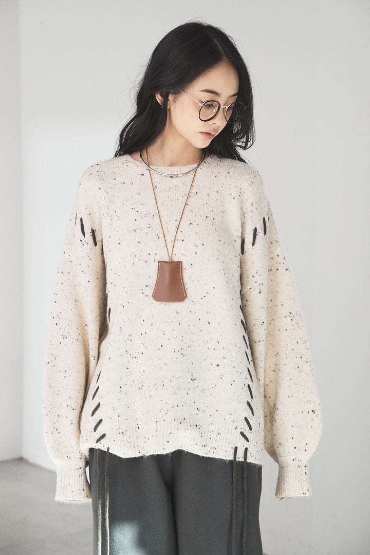 ネップ編み上げニットトップス