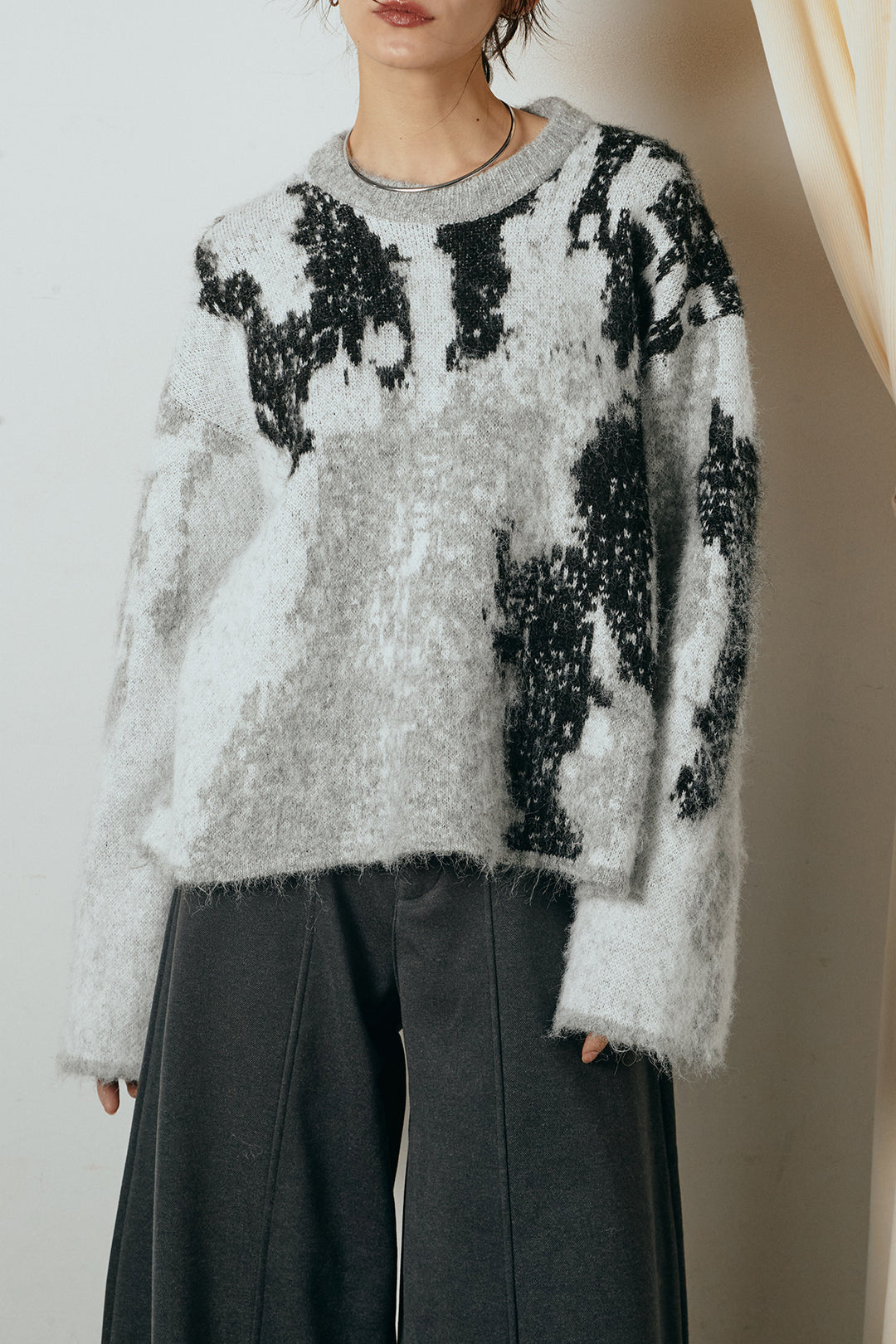 [SET]起毛ニュアンス柄ニットプルオーバー+裏起毛スウェットワイドパンツ(2set)