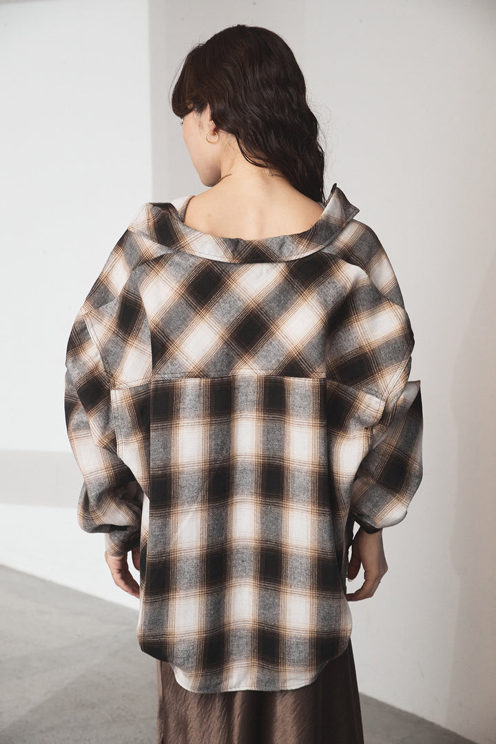 [SET]オンブレーチェックビッグシルエットCPOシャツ+裾レースデザインサテンスカート(2set)