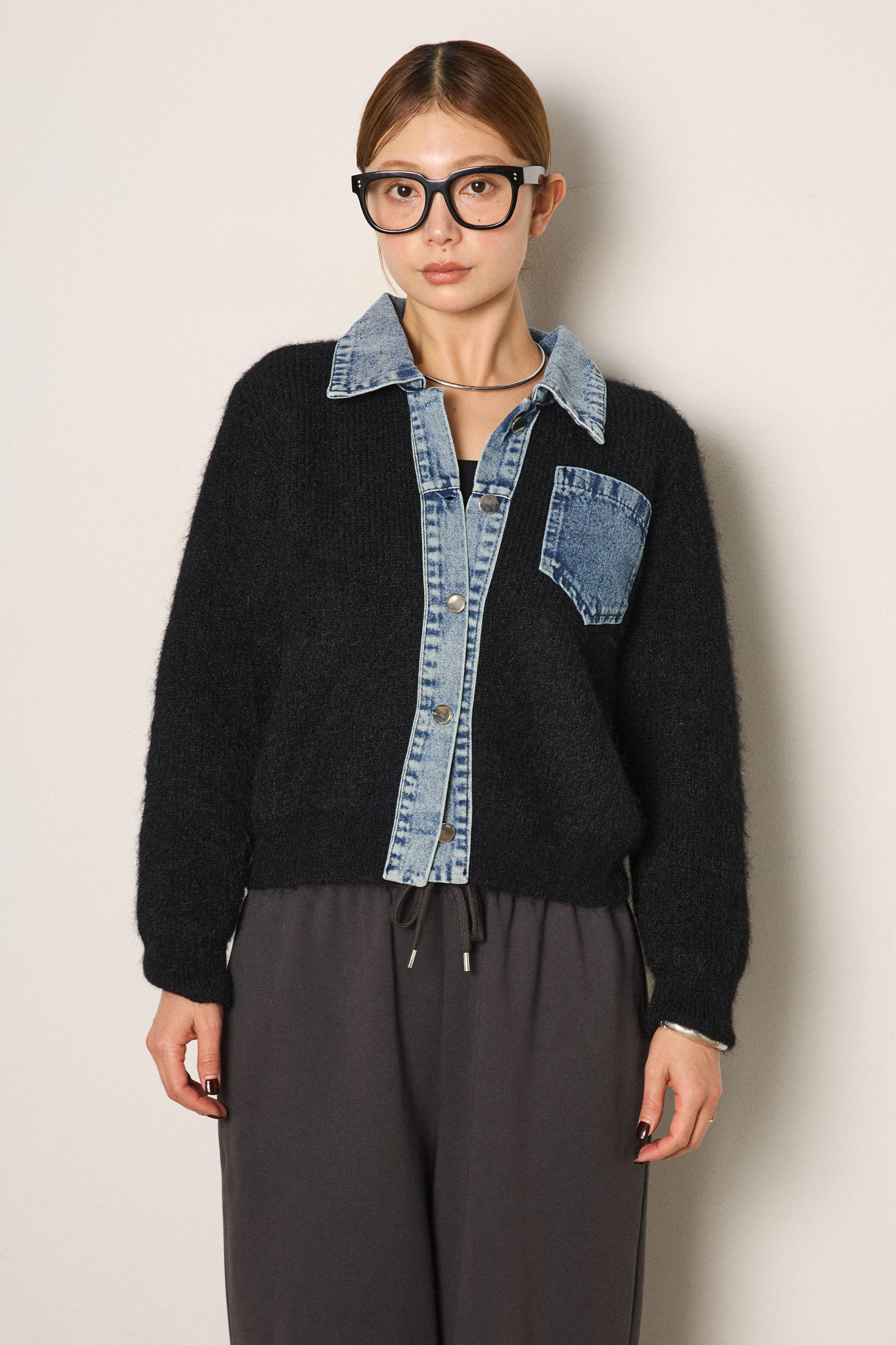 襟付きデニム切替ニットカーディガン – ESICA