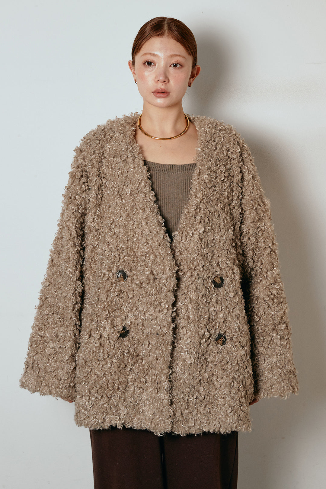 [SET]シープライクファージャケット+フェイクレザー太ベルト付きタックワイドパンツ(2set)