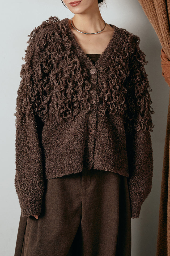 [SET]ループ編みVネックニットカーディガン+ベロアサスペンダー付きパンツ(2set)