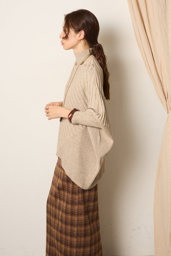 [SET]アシメデザインリブポンチョニットトップス+レオパードロングスカート(2set)