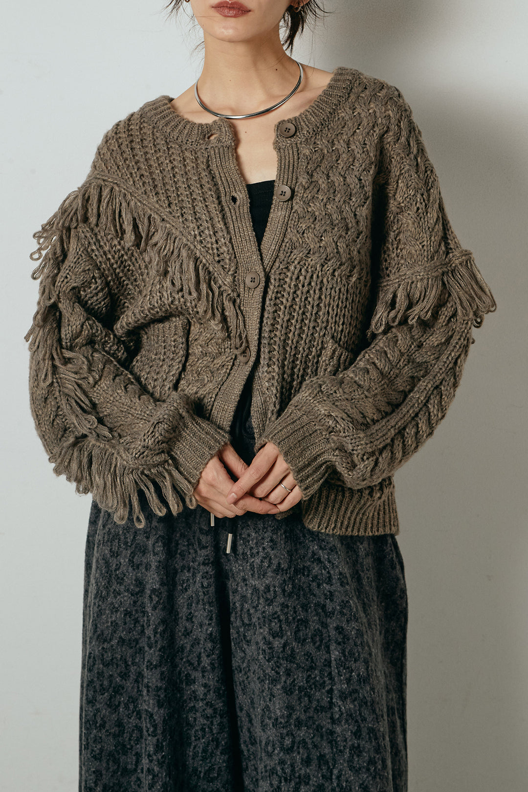 [SET]ランダムフリンジニットカーディガン+裏起毛スウェットワイドパンツ(2set)