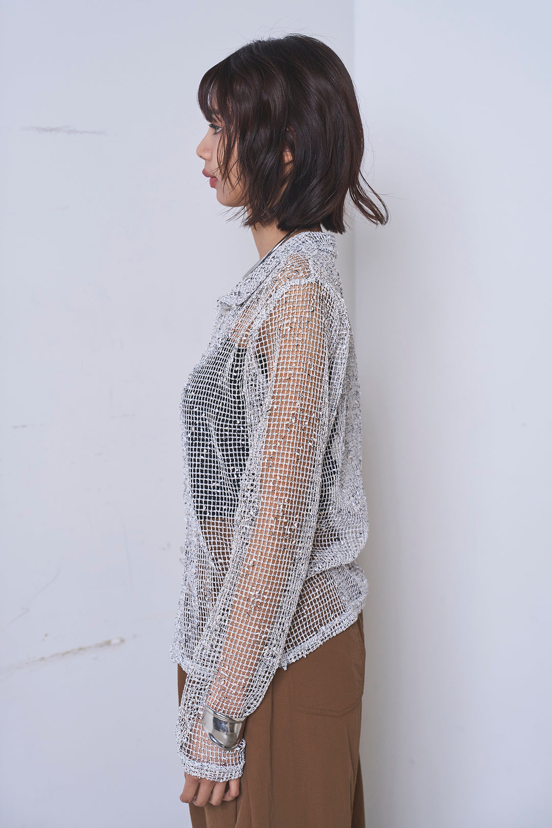 [SET]ネップメッシュポロ襟カーディガン+ラップレイヤードアシンメトリーデザインスカート(2set)