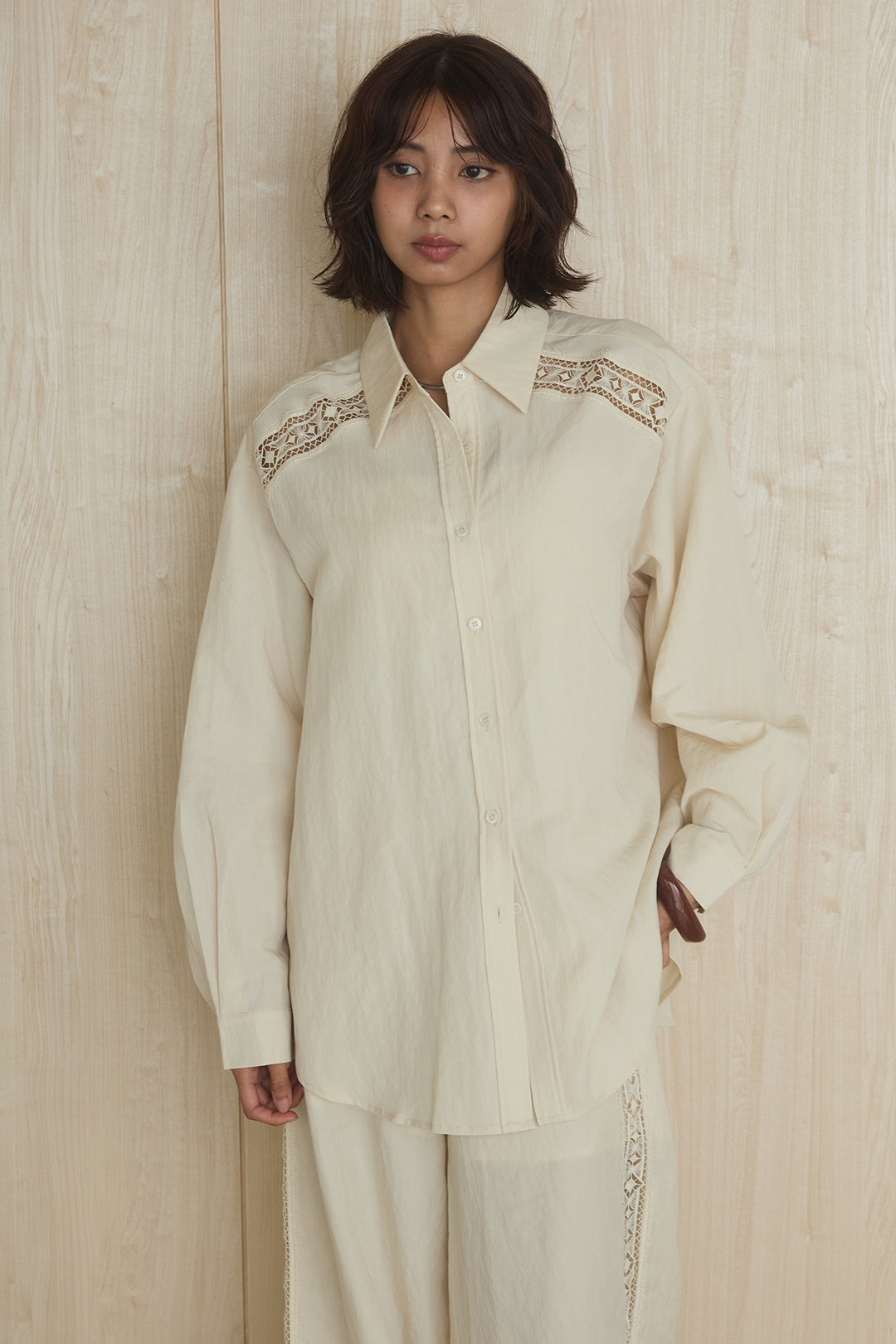 【即納】麻混ショルダーライン柄シャツ