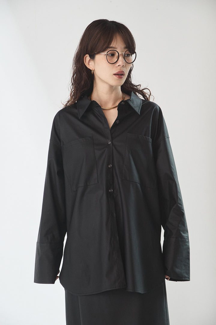 [SET]ウォッシャブルエコレザービックカフスシャツ+レオパードサテンナロースカート(2set)